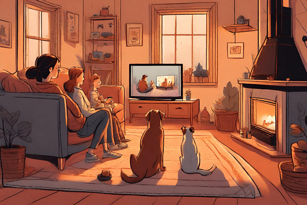 family watching tv fireworks night